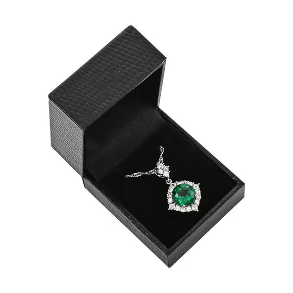 Vibrant Simulated Emerald and Diamond Pendant 18" Necklace in Silvertone - Picture 2 of 4